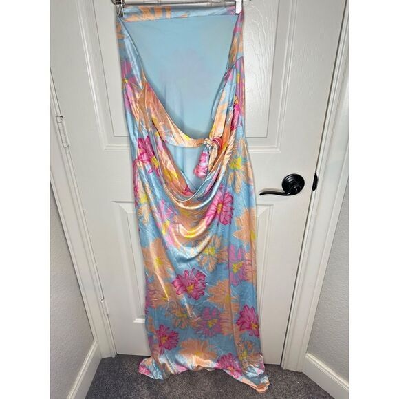 BNWT Peppermayo Spring Floral No Service Satin Blue Strapless Maxi Dress Sz 14 - Picture 4 of 12